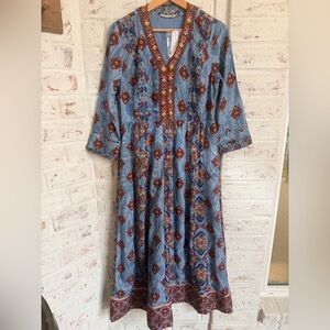 Soft Surroundings Embroidered Boho Midi Dress | Lined | Blue Print XS